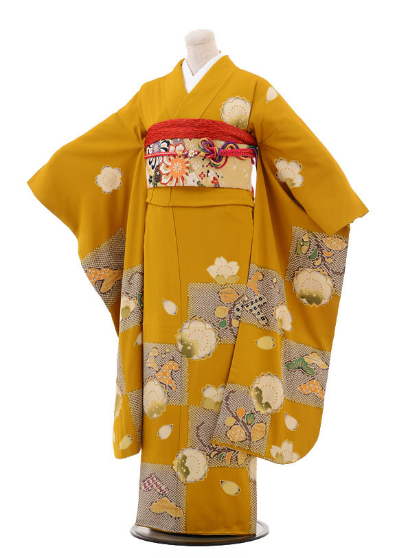 振袖レンタルC032からし色古典花 | 着物レンタルの京都かしいしょう