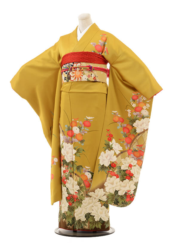 振袖レンタルE039からし色リンズ白牡丹 | 着物レンタルの京都かしいしょう