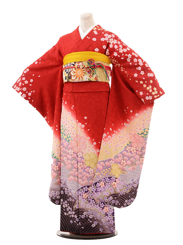 振袖レンタルE068赤桜吹雪 | 着物レンタルの京都かしいしょう