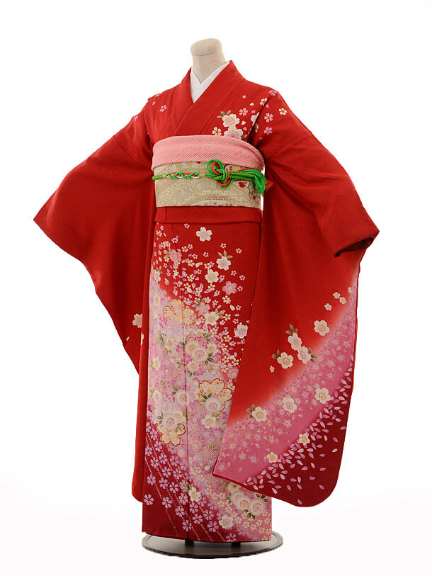 振袖レンタルE086赤ラメ淡ピンクぼかし桜 | 着物レンタルの京都かしい 