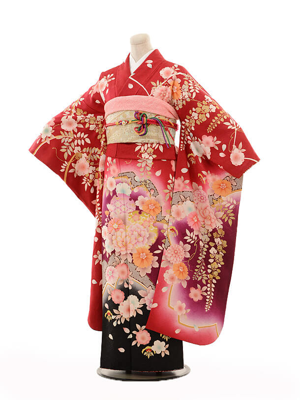 振袖レンタルE093赤地裾黒藤と花 | 着物レンタルの京都かしいしょう