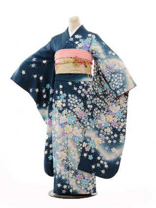 振袖レンタルE126群青色秋桜 | 着物レンタルの京都かしいしょう