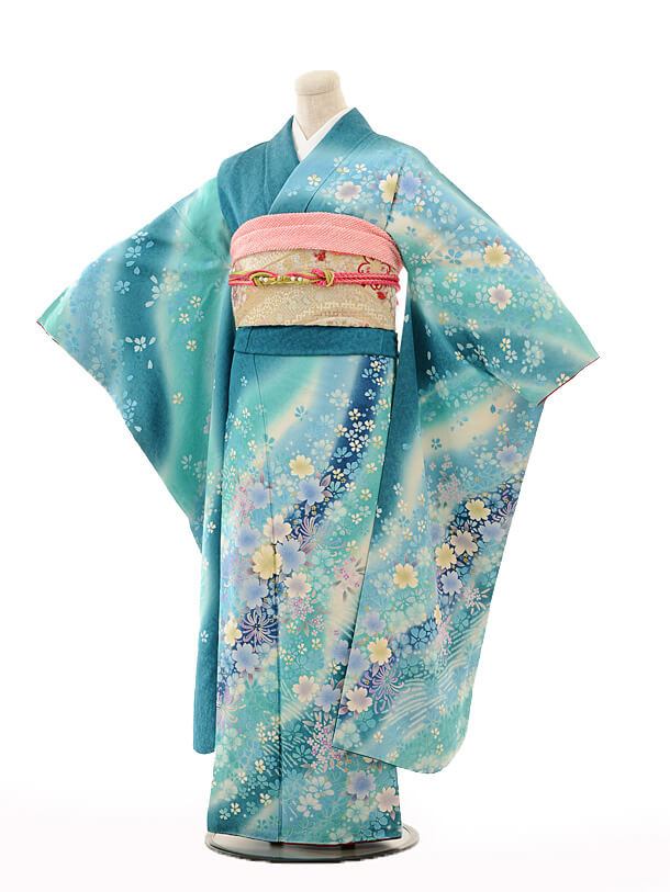 振袖レンタルE128ブルーグリーン桜と菊 | 着物レンタルの京都かしいしょう