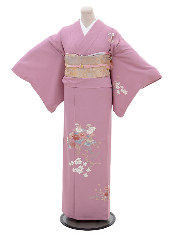 夏訪問着 単衣 t0004紫花扇子(化繊) | 着物レンタルの京都かしいしょう