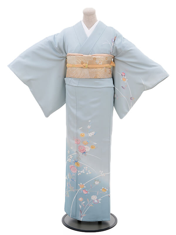 夏訪問着 単衣 t0093 JAPAN STYLE 水色花(化繊) | 着物レンタルの京都 