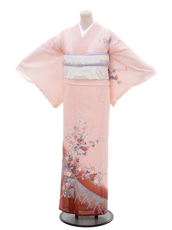 夏訪問着t0015淡ﾋﾟﾝｸ地裾ｴﾝｼﾞ花(化繊（絽） | 着物レンタルの京都 