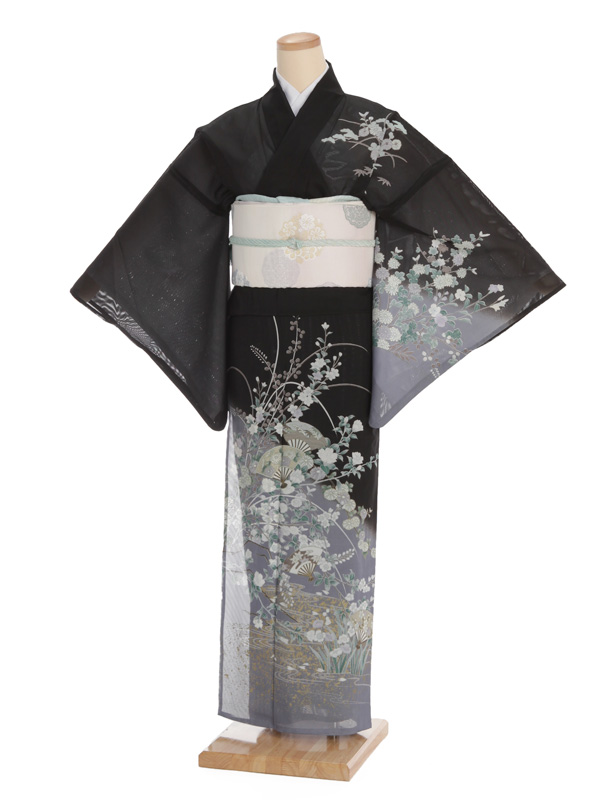 夏訪問着 絽 t0047黒地胡蝶蘭と花(化繊) | 着物レンタルの京都かしいしょう