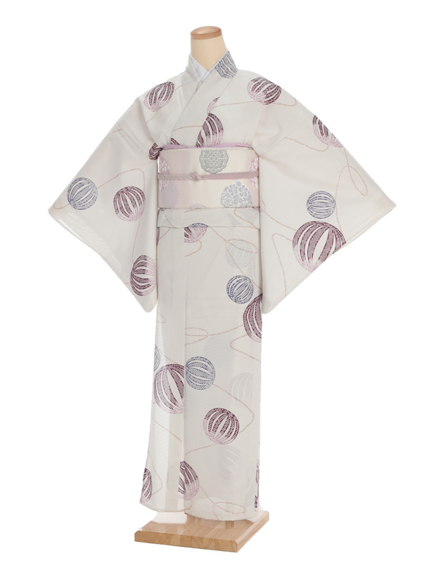夏小紋t0044ｸﾞﾚｰ地に紫まり(化繊（絽）) | 着物レンタルの京都かしいしょう