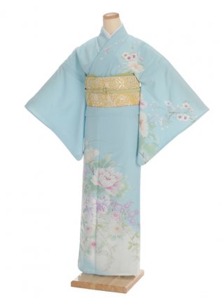夏訪問着 単衣 t0093 JAPAN STYLE 水色花(化繊) | 着物レンタルの 