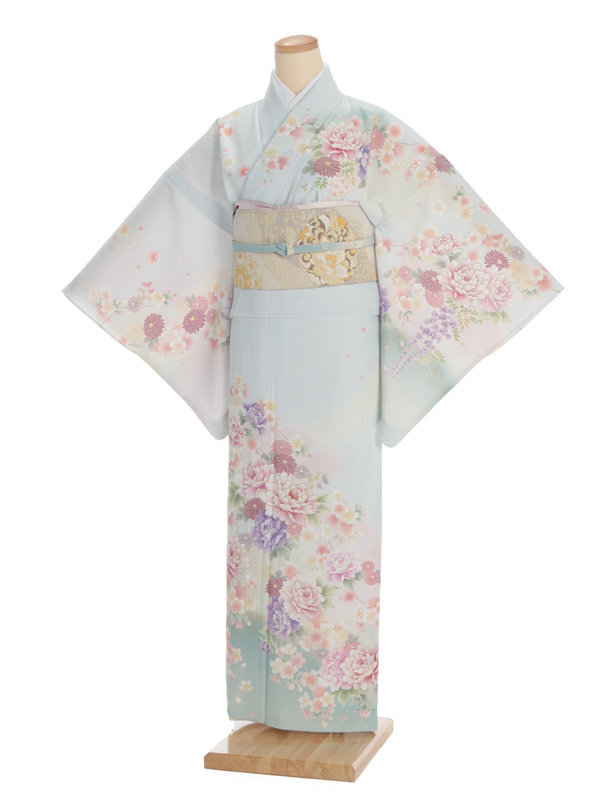 夏訪問着 単衣 t0093 JAPAN STYLE 水色花(化繊) | 着物レンタルの京都 