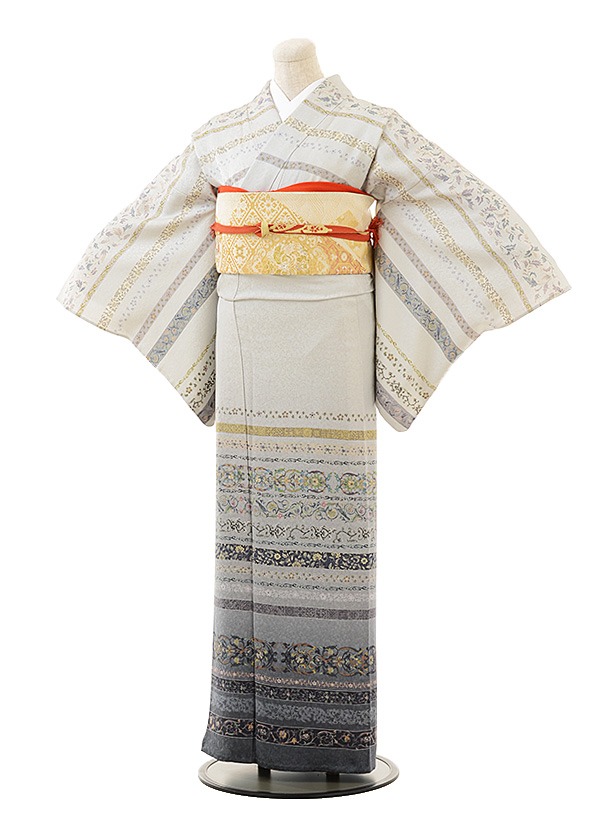 夏訪問着 単衣 t0504 ｸﾞﾚｰ更紗（正絹） | 着物レンタルの京都かしいしょう