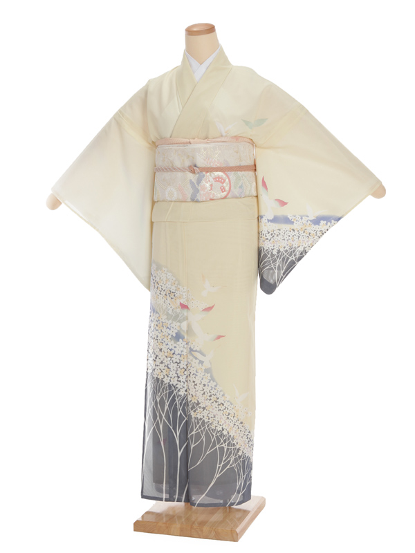 夏訪問着 絽 t570 黄色 花と鳥(化繊) | 着物レンタルの京都かしいしょう