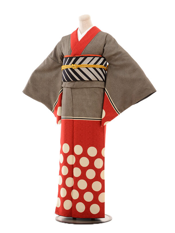 訪問着レンタル589 ﾓﾀﾞﾝｱﾝﾃﾅ水玉赤(化繊) | 着物レンタルの京都かしいしょう