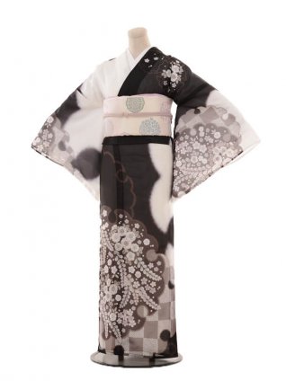 夏訪問着 絽 t600 白黒ぼかし 市松雪輪(化繊) | 着物レンタルの京都 