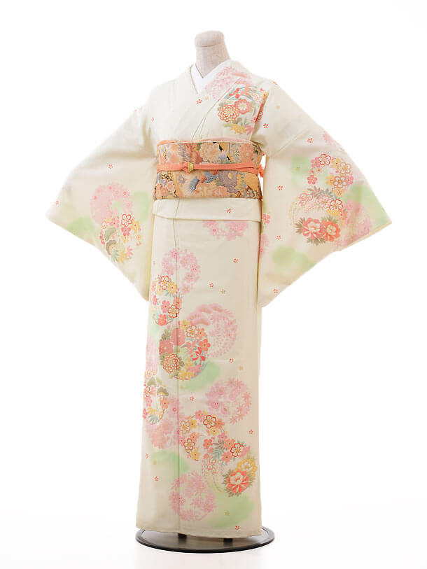 訪問着tc900 クリーム色裾グレー乱菊(化繊) | 着物レンタルの京都 