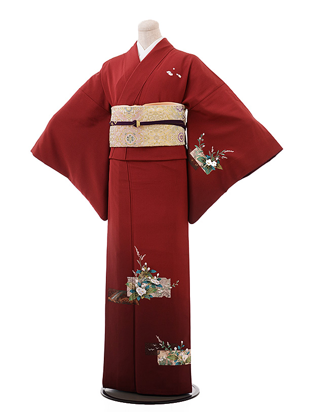 訪問着レンタル t706 深赤色 ぼかし 小花 | 着物レンタルの京都かしい 