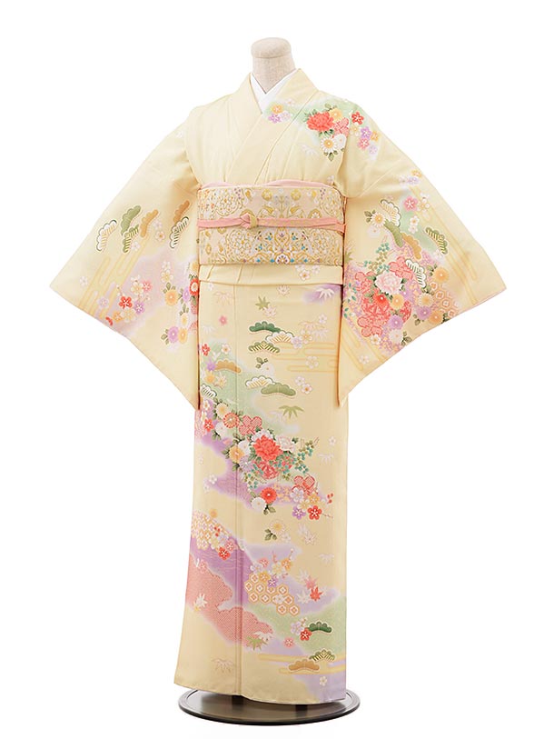 訪問着ﾚﾝﾀﾙtQ780 うすきいろ地 霞に花車(化繊) | 着物レンタルの京都 