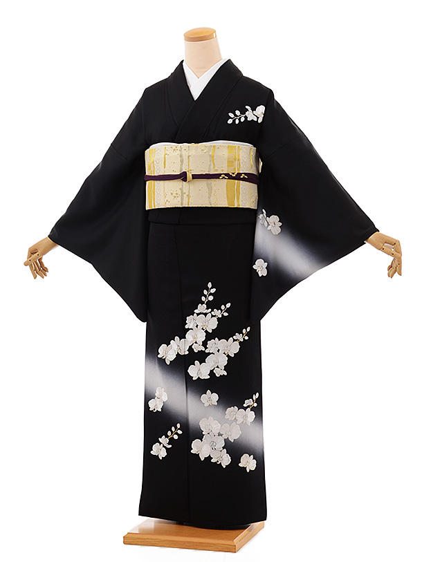 訪問着ﾚﾝﾀﾙ796 黒地 刺繍 胡蝶蘭 | 着物レンタルの京都かしいしょう