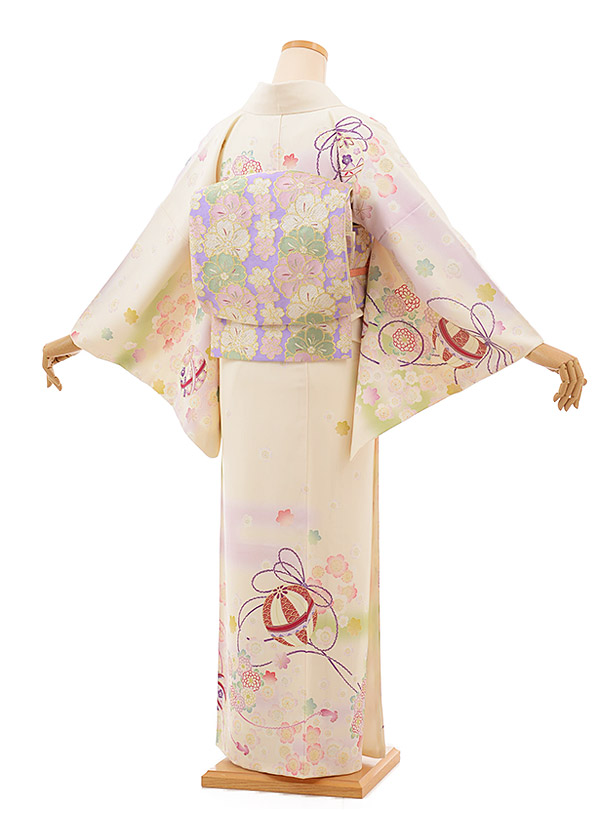 訪問着ﾚﾝﾀﾙ816 乙葉 まりに桜菊 ﾍﾞｰｼﾞｭ(化繊) | 着物レンタルの京都 