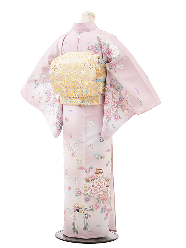 夏訪問着ﾚﾝﾀﾙ836 灰桜色 牡丹とおしどり(化繊) | 着物レンタルの京都 