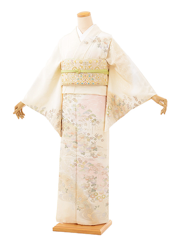 訪問着ﾚﾝﾀﾙ851 桂由美 クリーム地 金彩流水花 | 着物レンタルの京都 