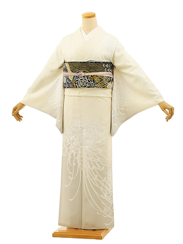 訪問着tc900 クリーム色裾グレー乱菊(化繊) | 着物レンタルの京都 