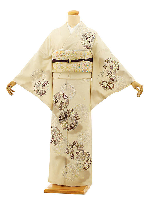 訪問着tc951 ベージュ地 刺繍 大花椿(化繊) | 着物レンタルの京都 