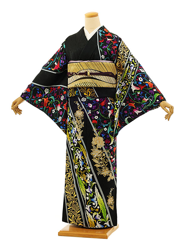 浴衣/水着 着物 訪問着レンタルt924 黒地花 金花刺繍 | 着物レンタルの京都かしいしょう