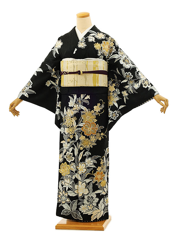 訪問着レンタルt924 黒地花 金花刺繍 | 着物レンタルの京都かしいしょう