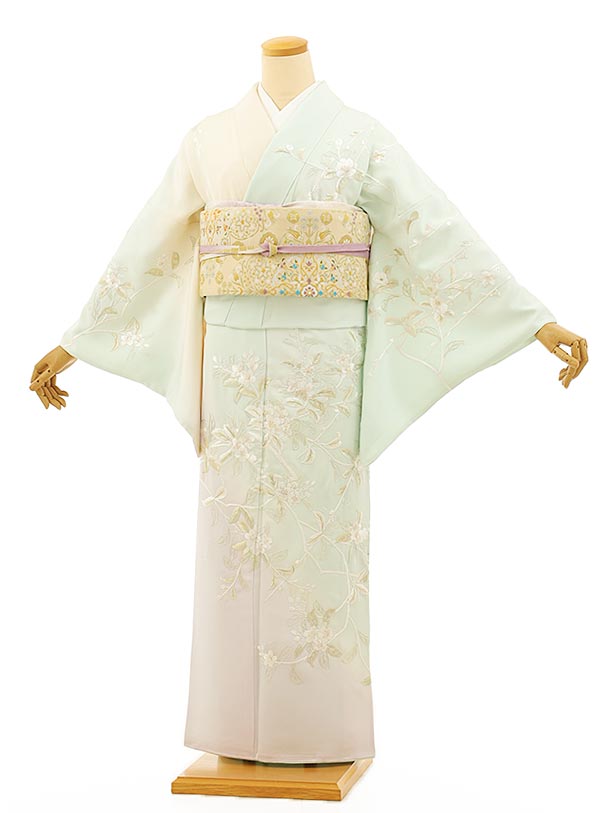 訪問着t949 クリーム色緑色ぼかし 刺繍桜 | 着物レンタルの京都かしい
