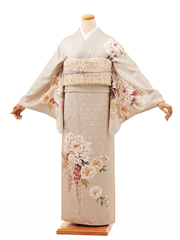訪問着t1114 ベージュ牡丹藤桜(トールサイズ) | 着物レンタルの京都 