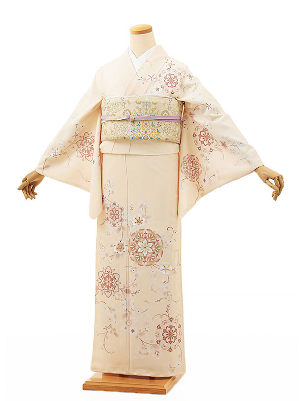 訪問着t1134 クリームピンク唐花(化繊) | 着物レンタルの京都かしいしょう