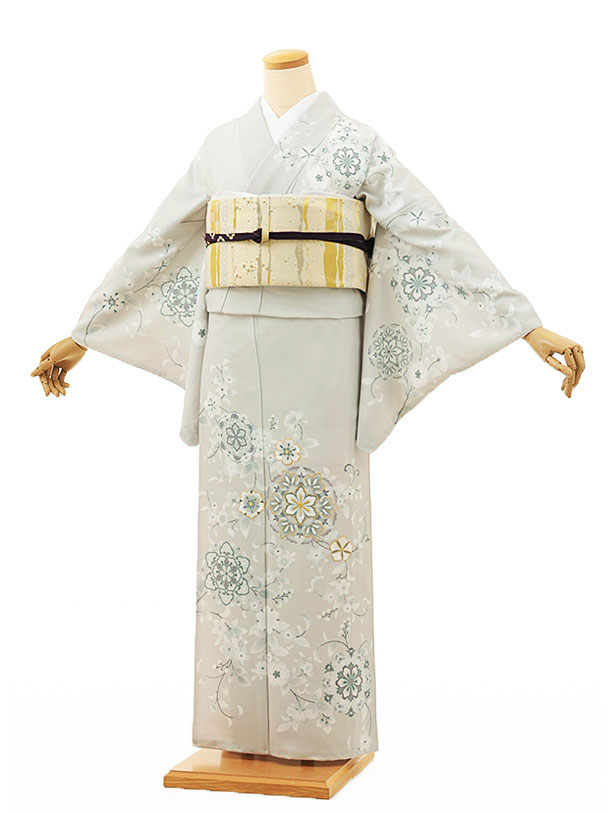 訪問着t1196 薄グレー慶賀彩幕(化繊) | 着物レンタルの京都かしいしょう