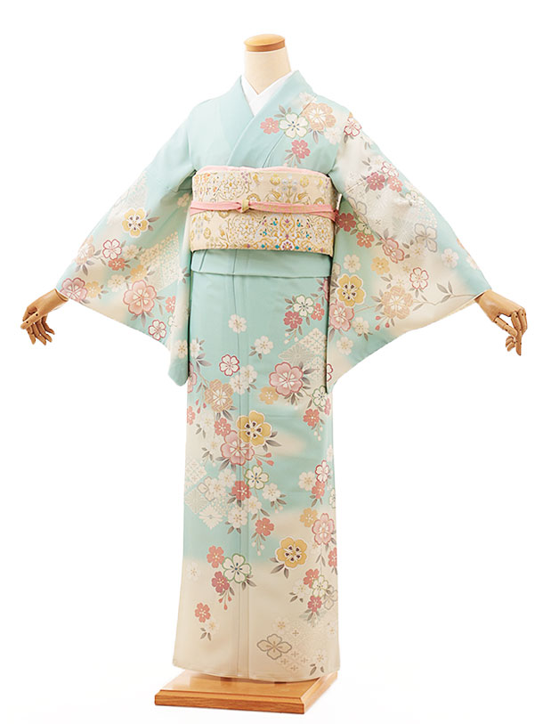 訪問着tc887 JAPANSTYLE 水色七宝桜(化繊) | 着物レンタルの京都かしい 