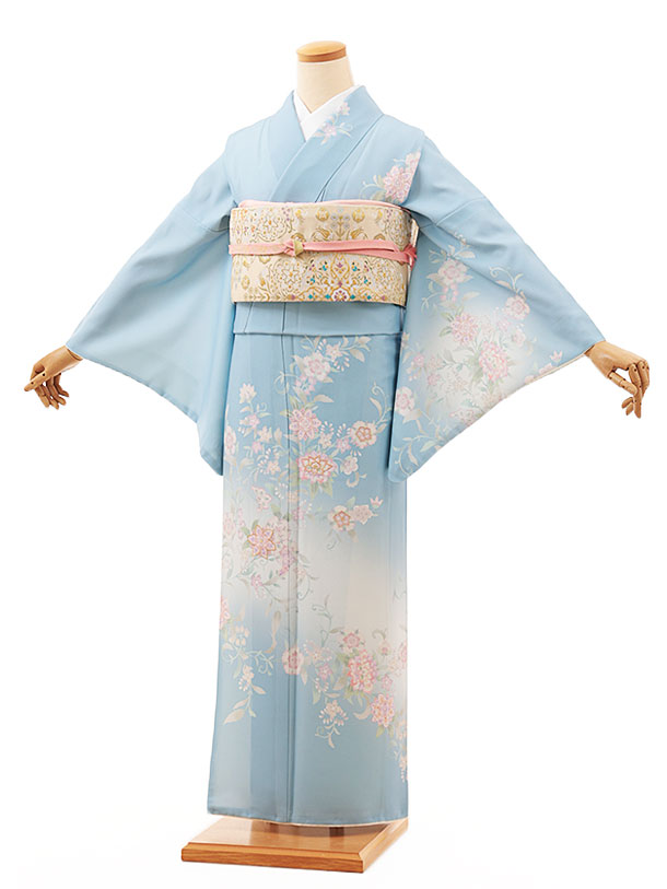 訪問着t1186 水色華紋更紗(化繊) | 着物レンタルの京都かしいしょう