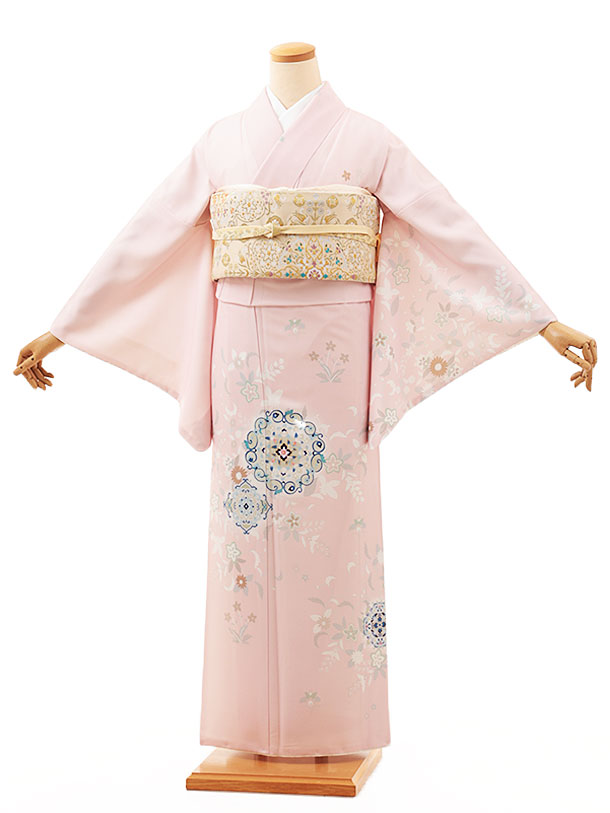 訪問着t1197 ピンク慶賀彩幕(化繊) | 着物レンタルの京都かしいしょう