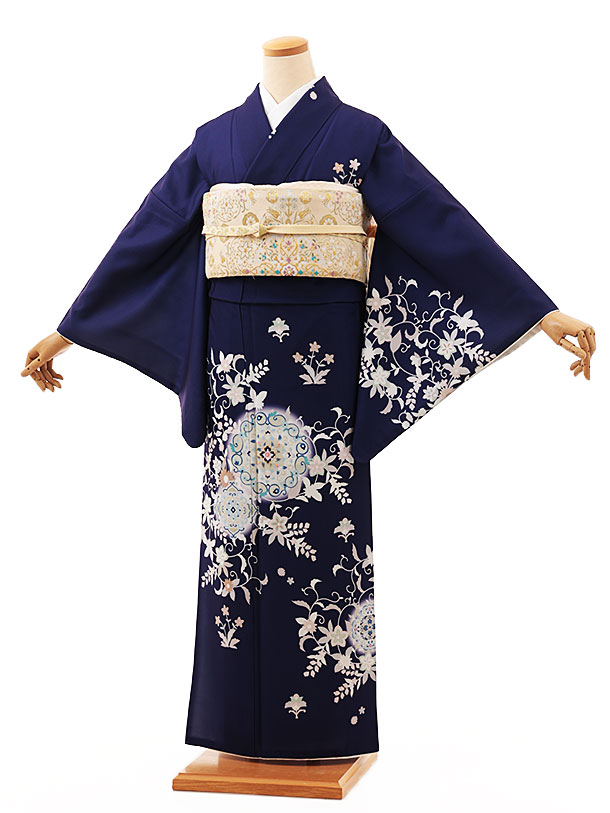 訪問着t1189 青紫華紋更紗(化繊) | 着物レンタルの京都かしいしょう