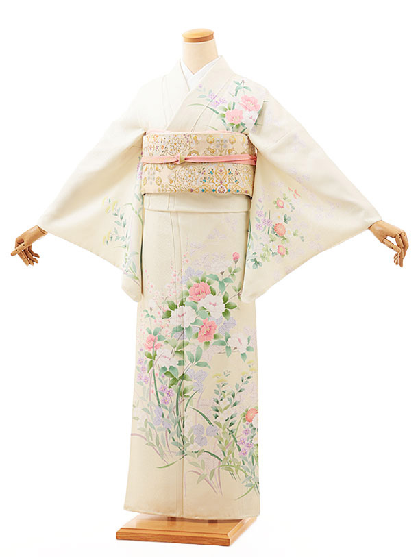 訪問着tc893 クリーム色 扇に鶴菊(化繊) | 着物レンタルの京都かしいしょう