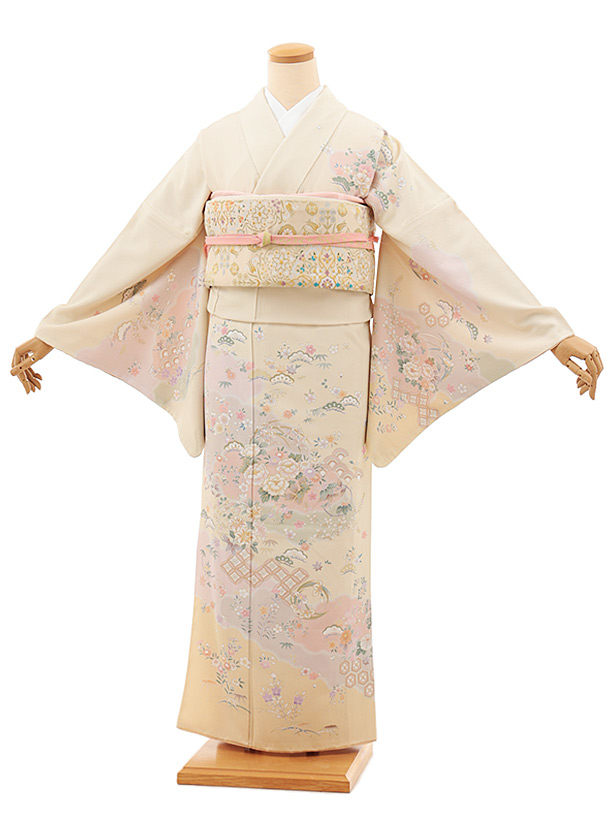 訪問着tQ1383 クリームベージュぼかし雲取りに四季花(化繊)