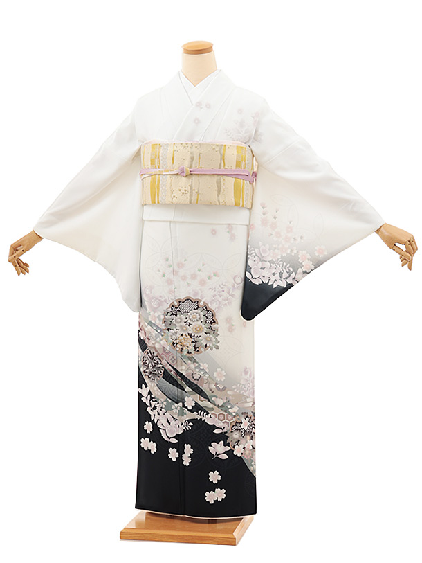 訪問着t1391 式部浪漫 白黒ぼかし 桜橘七宝(化繊)