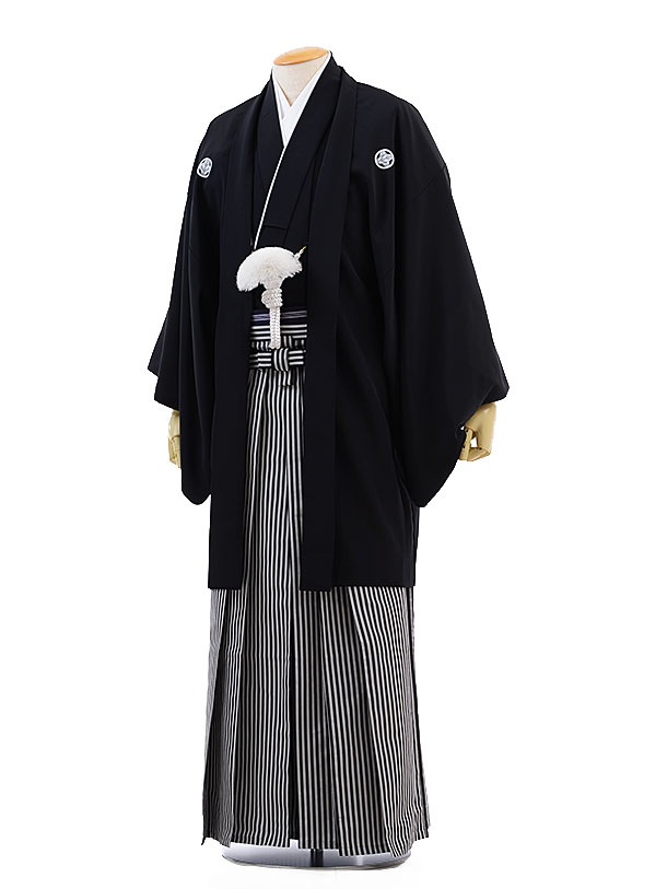 男性用袴ﾚﾝﾀﾙ men0006黒紋付×白黒縞(L)/170～175㎝ | 着物レンタルの