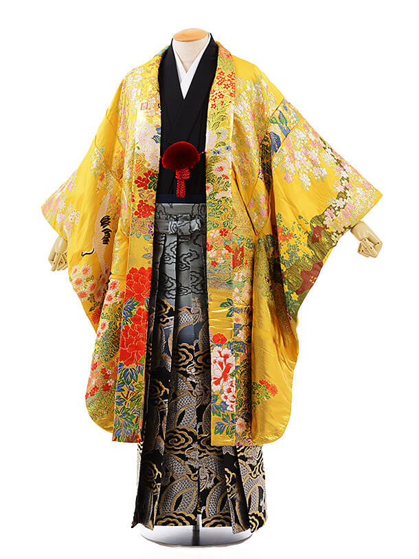 男性用袴men0071 黒地に風 紋服 ｲｴﾛｰにｺﾞｰﾙﾄﾞ花車(L) | 着物レンタルの 