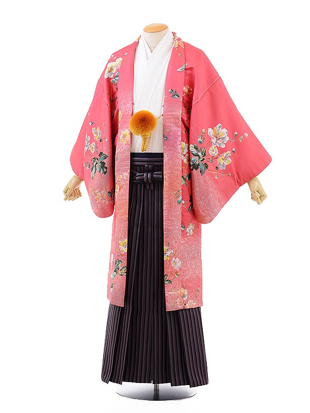 男性用袴men0107ﾋﾟﾝｸ地花×黒ﾊﾟｰﾌﾟﾙｽﾄﾗｲﾌﾟ袴 | 着物レンタルの京都かしいしょう