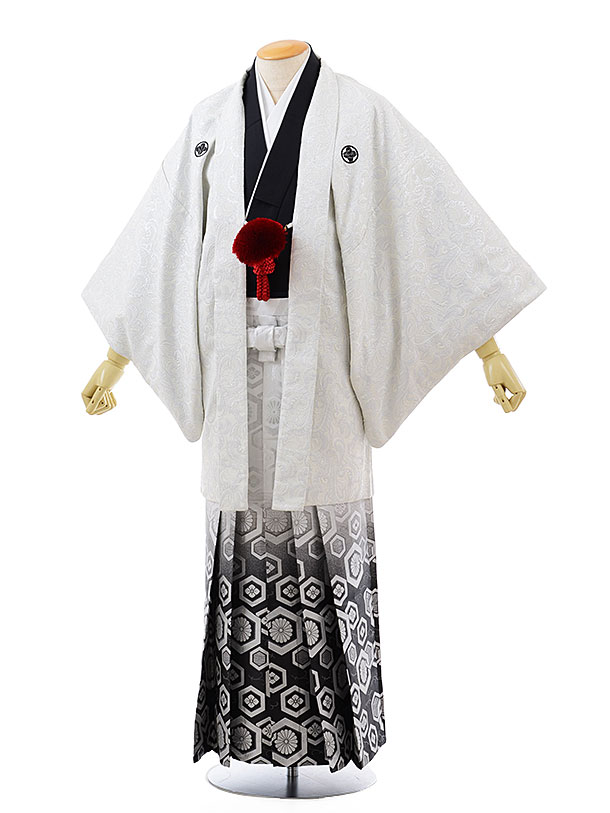 卒業式成人式袴ﾚﾝﾀﾙ149白ｼﾙﾊﾞｰ紋付×白黒ぼかし袴(M) | 着物レンタルの 