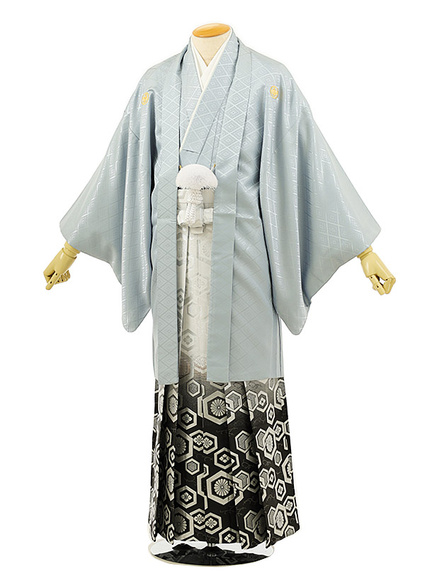 男性袴ﾚﾝﾀﾙ0223  シルバーグレー紋付×白黒ぼかし袴