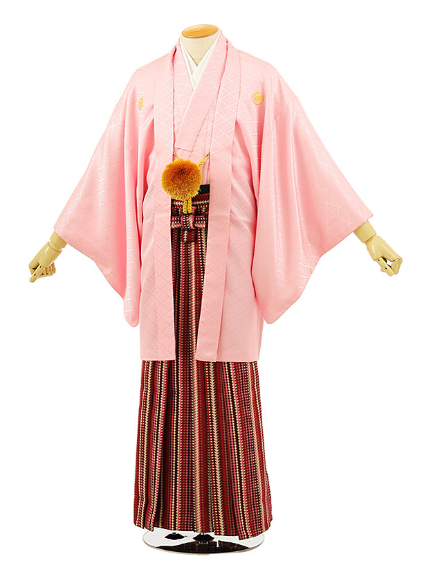 男性袴ﾚﾝﾀﾙ0231  ピンク紋付×赤ストライプ袴