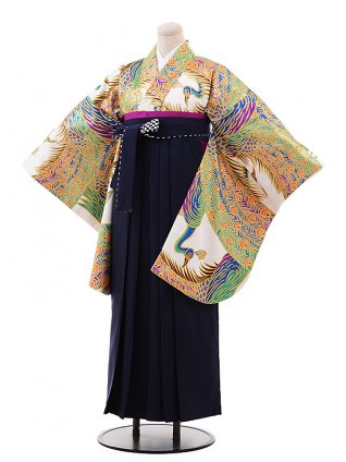 卒業式袴レンタル h179 白地 ｺﾞｰﾙﾄﾞ 孔雀×紺袴