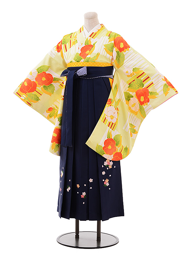卒業式袴ﾚﾝﾀﾙ h209 黄緑 椿×紺袴