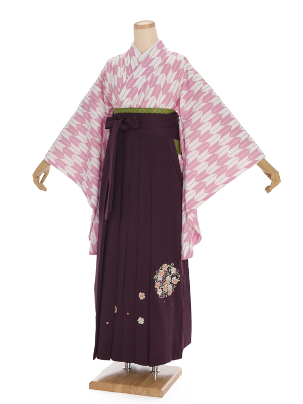 卒業袴h293 ﾋﾟﾝｸ 矢羽根 X 紫袴 着物レンタルの京都かしいしょう