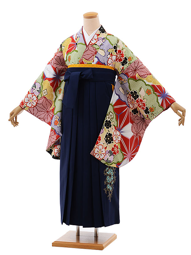 卒業式袴レンタルh364赤地麻の葉桜×紺袴